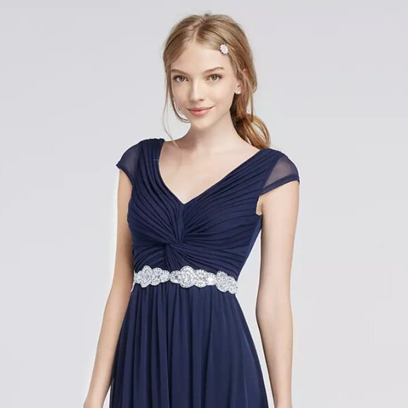 David's Bridal Navy Blue Embellished Silver Belted Chiffon Gown - Picture 1 of 5